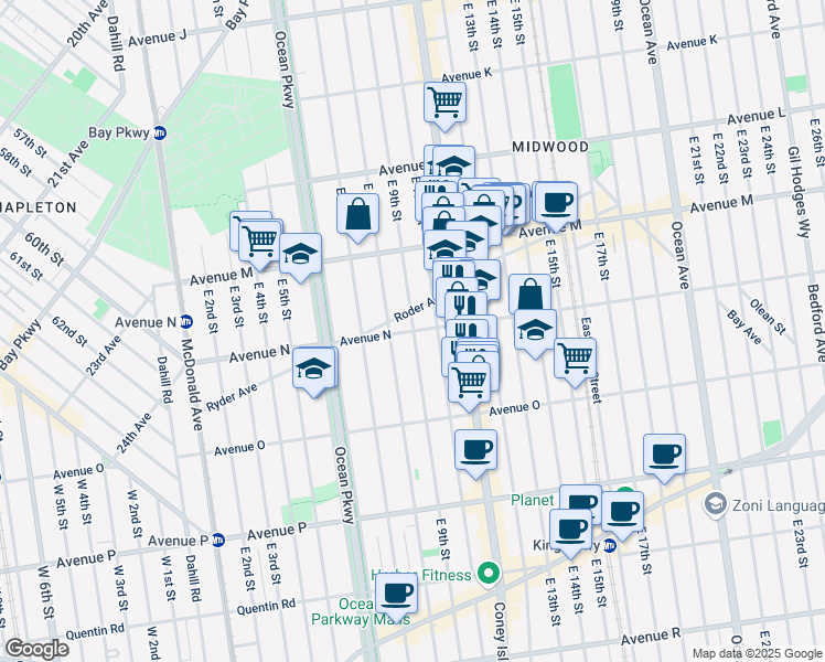 map of restaurants, bars, coffee shops, grocery stores, and more near East 9th Street & Avenue N in Brooklyn