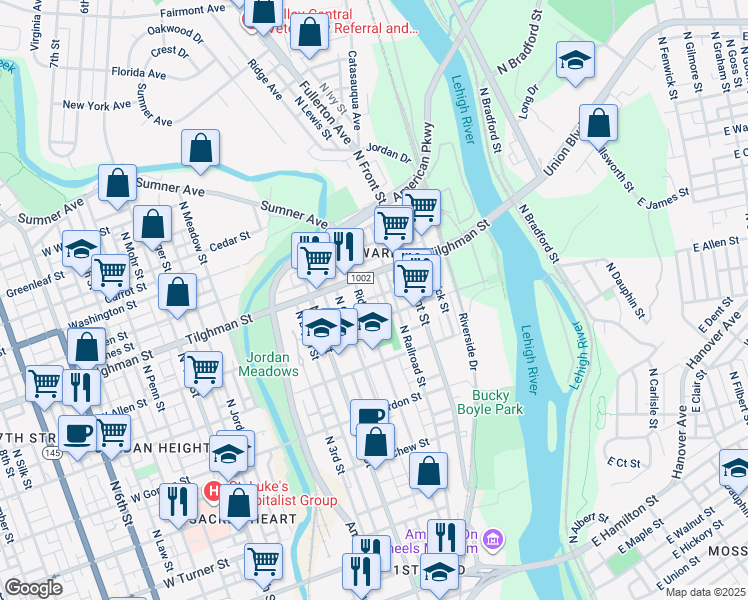 map of restaurants, bars, coffee shops, grocery stores, and more near 144 1/2 West Sycamore Street in Allentown