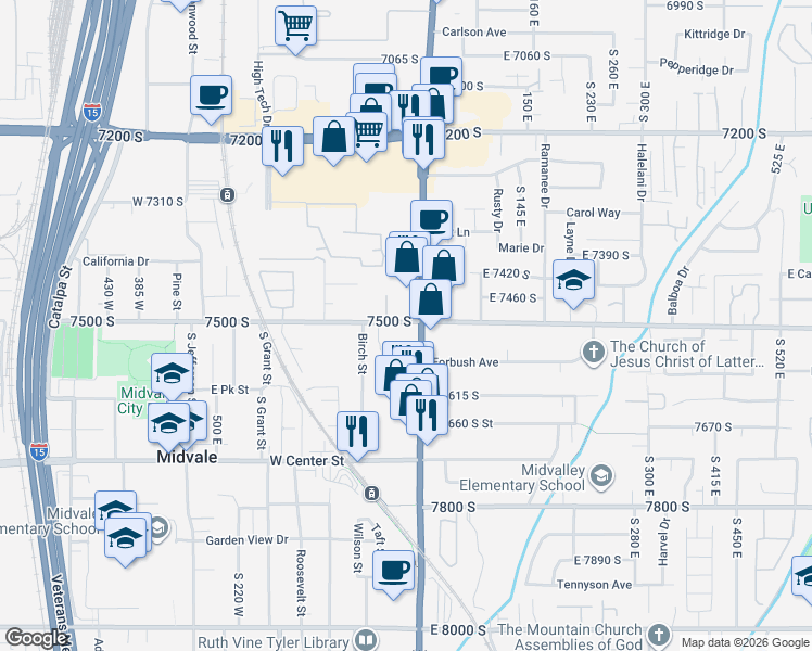 map of restaurants, bars, coffee shops, grocery stores, and more near State Street in Midvale