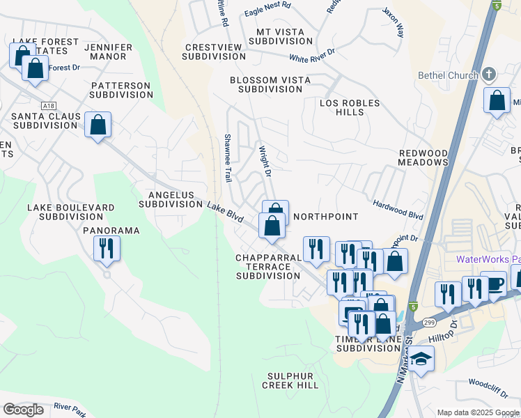 map of restaurants, bars, coffee shops, grocery stores, and more near 657 Little Deer Lane in Redding