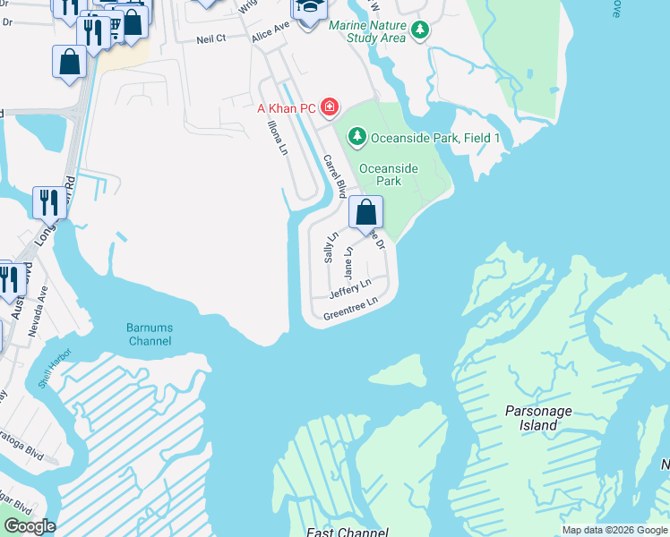 map of restaurants, bars, coffee shops, grocery stores, and more near 3912 Sally Lane in Oceanside