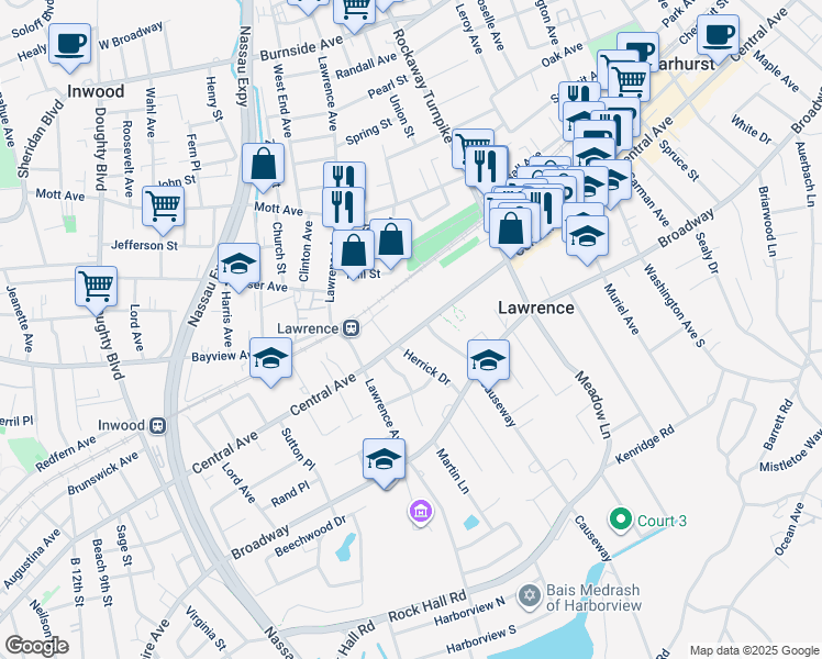 map of restaurants, bars, coffee shops, grocery stores, and more near 250 Central Avenue in Lawrence