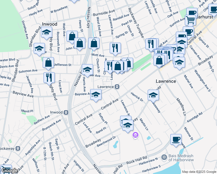 map of restaurants, bars, coffee shops, grocery stores, and more near 26 Bayview Avenue in Inwood