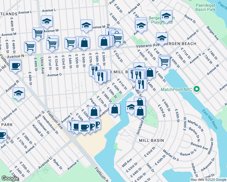 map of restaurants, bars, coffee shops, grocery stores, and more near 2022 East 60th Street in Brooklyn
