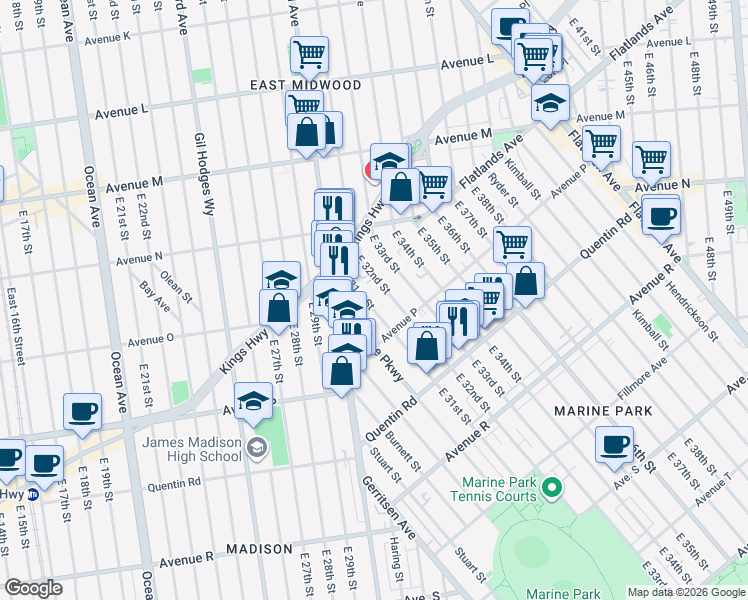 map of restaurants, bars, coffee shops, grocery stores, and more near 1535 East 32nd Street in Brooklyn