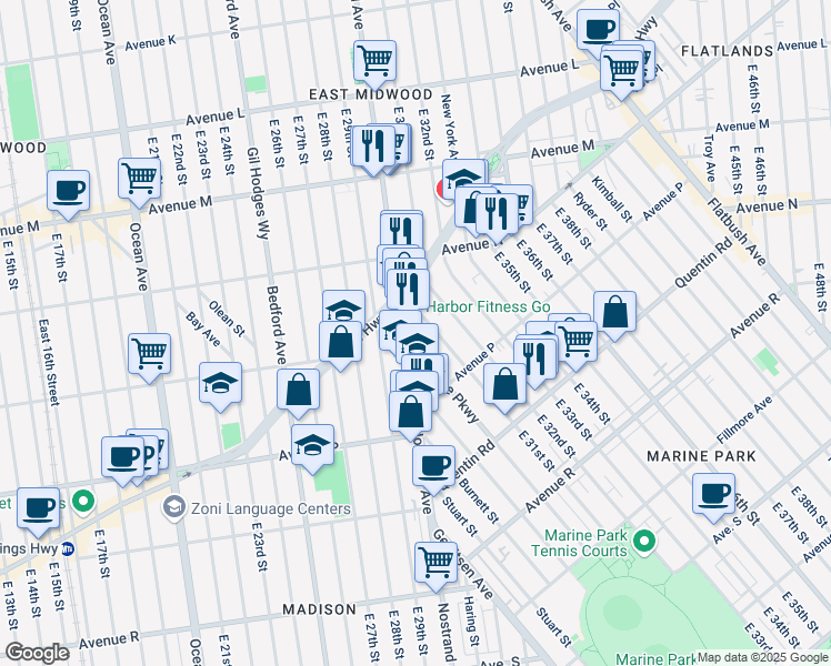 map of restaurants, bars, coffee shops, grocery stores, and more near 1502 East 31st Street in Brooklyn