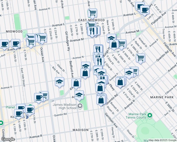 map of restaurants, bars, coffee shops, grocery stores, and more near 1462 East 28th Street in Brooklyn