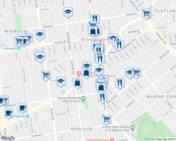 map of restaurants, bars, coffee shops, grocery stores, and more near 1462 East 28th Street in Brooklyn