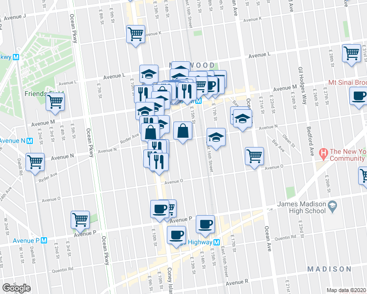map of restaurants, bars, coffee shops, grocery stores, and more near 1408 Avenue O in Brooklyn