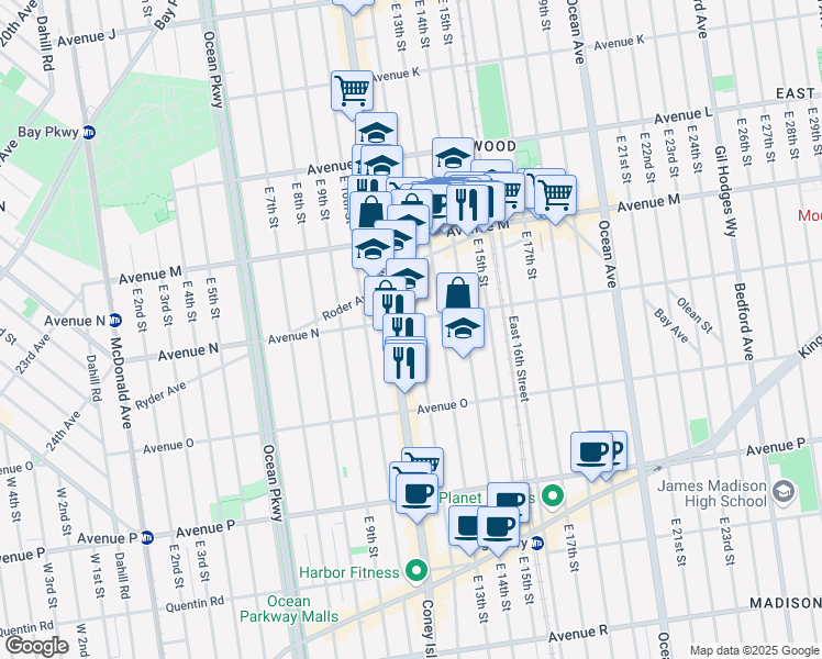 map of restaurants, bars, coffee shops, grocery stores, and more near 1207 Avenue N in Brooklyn