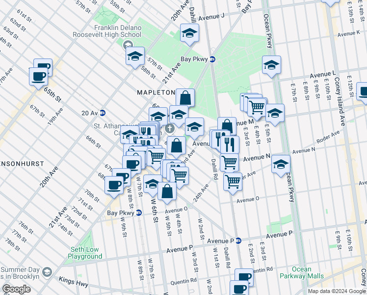 map of restaurants, bars, coffee shops, grocery stores, and more near 6024 23rd Avenue in Brooklyn