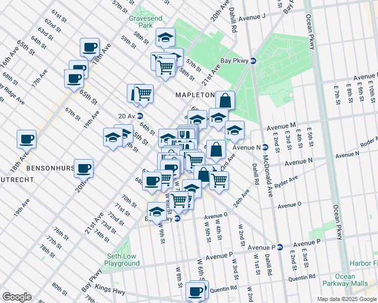 map of restaurants, bars, coffee shops, grocery stores, and more near 6206 Bay Parkway in Brooklyn