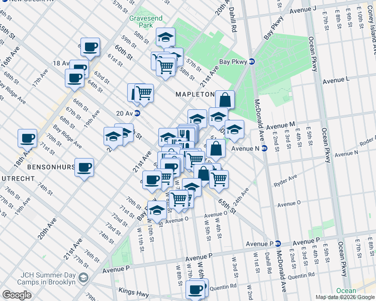 map of restaurants, bars, coffee shops, grocery stores, and more near 6206 Bay Parkway in Brooklyn