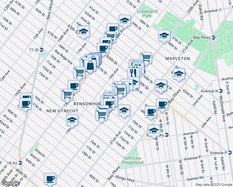map of restaurants, bars, coffee shops, grocery stores, and more near 1934 68th Street in Brooklyn