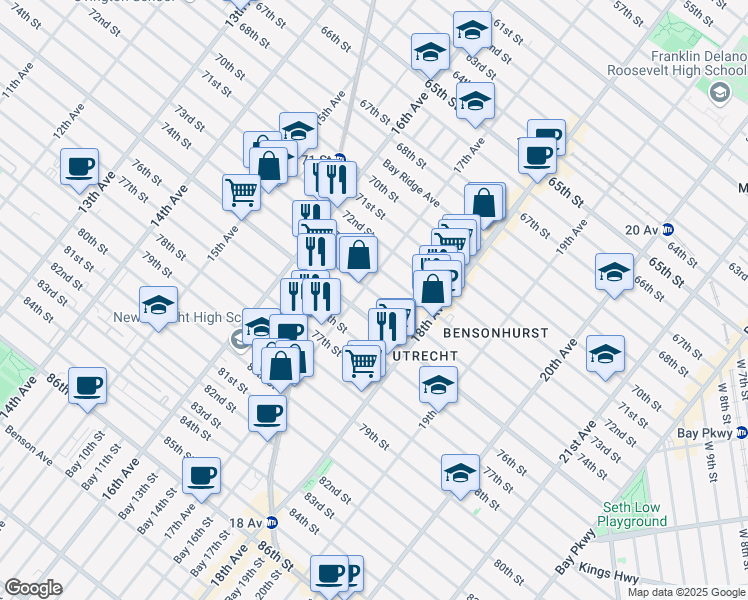 map of restaurants, bars, coffee shops, grocery stores, and more near 7402 17th Avenue in Brooklyn