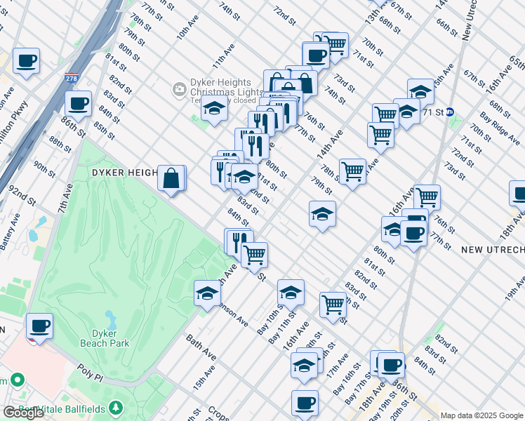 map of restaurants, bars, coffee shops, grocery stores, and more near 1359 82nd Street in Brooklyn