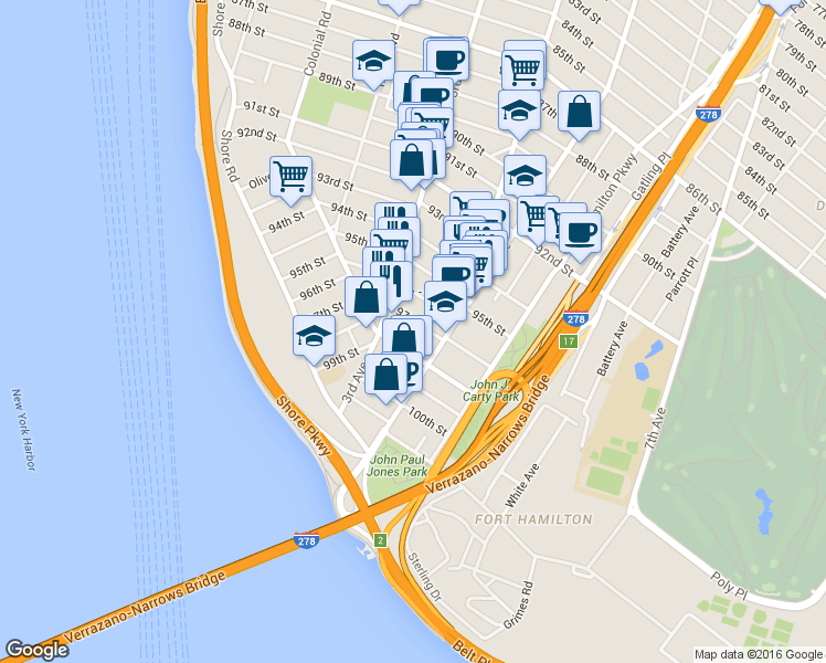 map of restaurants, bars, coffee shops, grocery stores, and more near 358 96th Street in Brooklyn