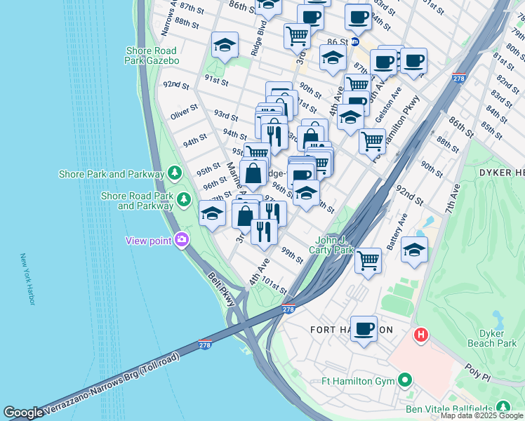 map of restaurants, bars, coffee shops, grocery stores, and more near 9701 3rd Avenue in Brooklyn