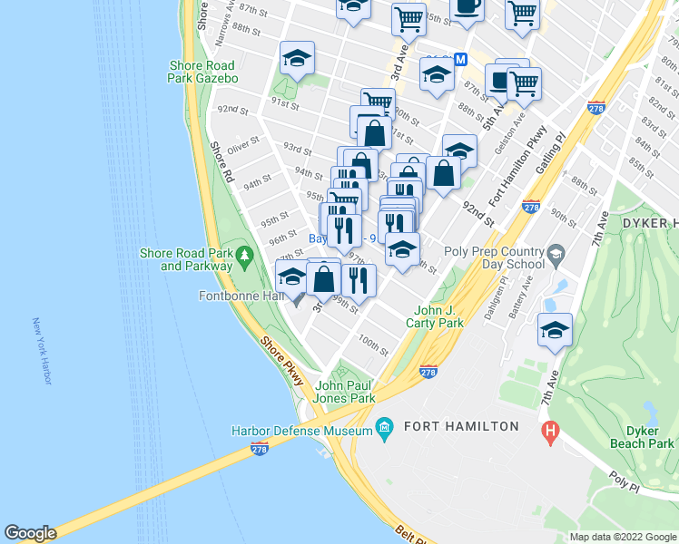 map of restaurants, bars, coffee shops, grocery stores, and more near 9701 3rd Avenue in Brooklyn