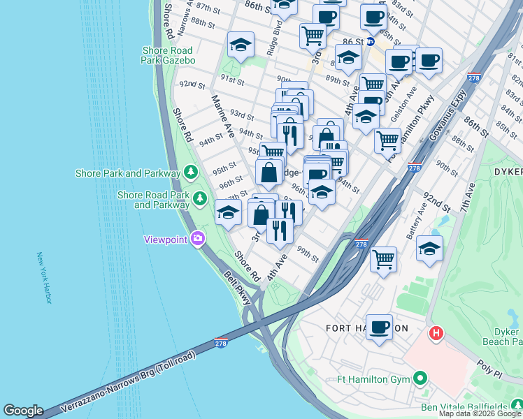 map of restaurants, bars, coffee shops, grocery stores, and more near 167 98th Street in Brooklyn