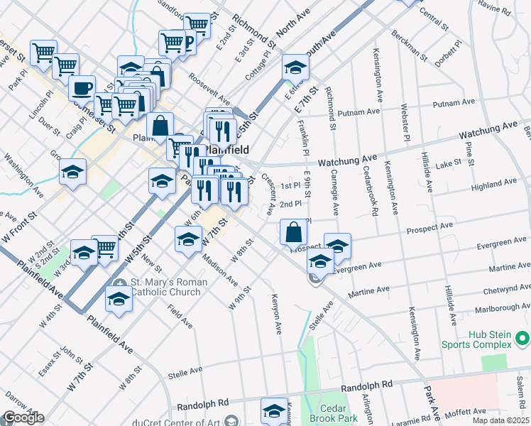 map of restaurants, bars, coffee shops, grocery stores, and more near 129 Crescent Avenue in Plainfield