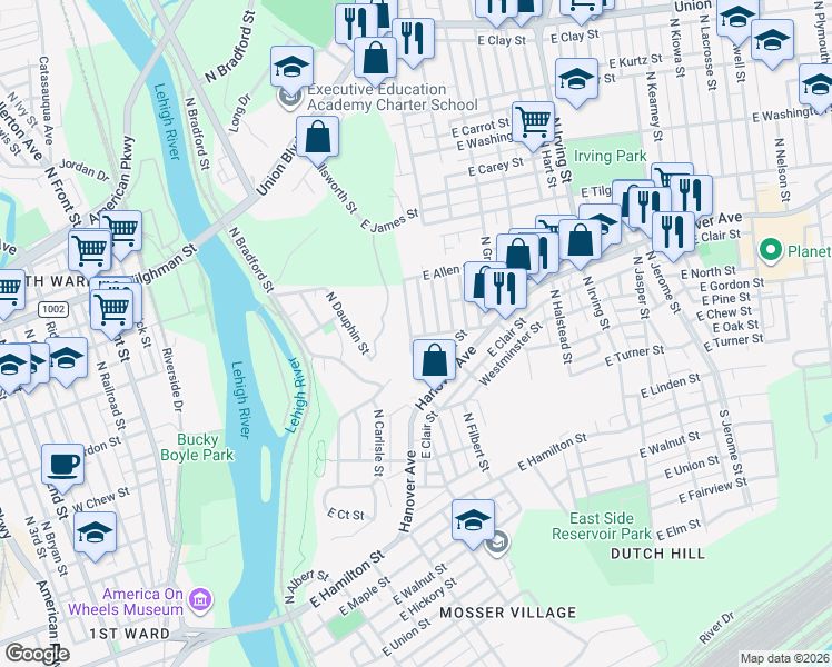 map of restaurants, bars, coffee shops, grocery stores, and more near 425 North Filbert Street in Allentown