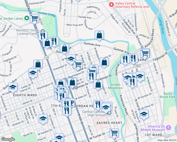 map of restaurants, bars, coffee shops, grocery stores, and more near 401 Washington Street in Allentown