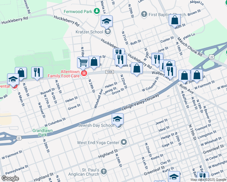 map of restaurants, bars, coffee shops, grocery stores, and more near 2230 Helen Street in Allentown