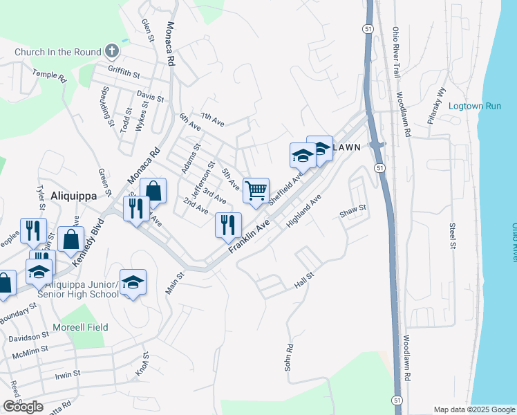map of restaurants, bars, coffee shops, grocery stores, and more near 542 Sheffield Avenue in Aliquippa