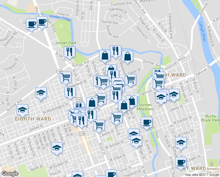 map of restaurants, bars, coffee shops, grocery stores, and more near 799 North Mohr Street in Allentown