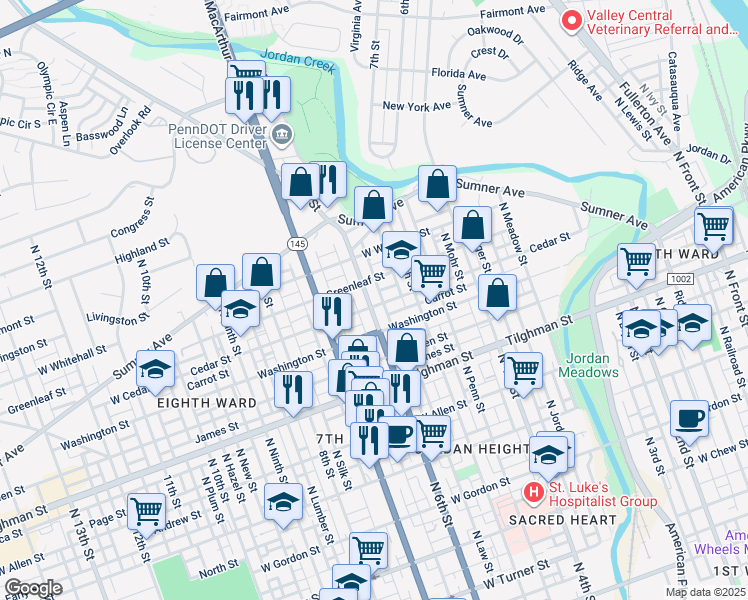 map of restaurants, bars, coffee shops, grocery stores, and more near 831 North 6th Street in Allentown