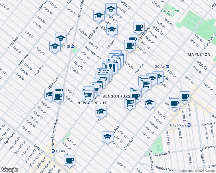 map of restaurants, bars, coffee shops, grocery stores, and more near 7101 18th Avenue in Brooklyn