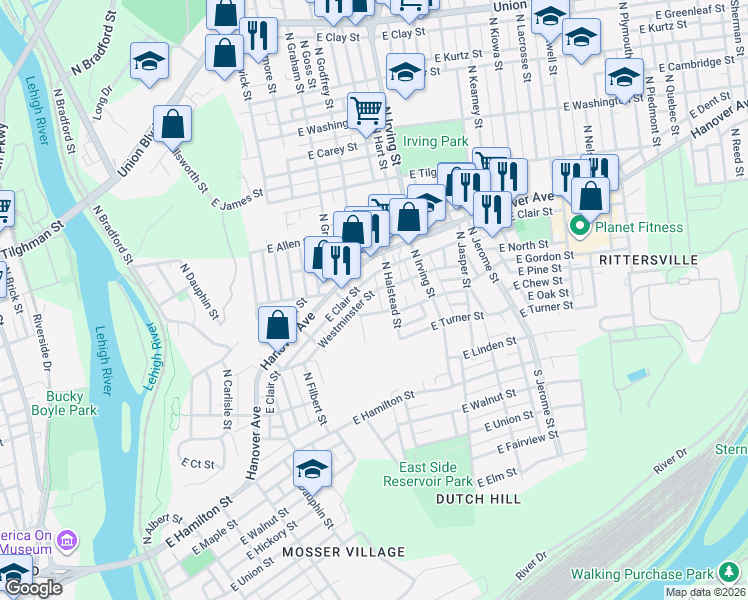 map of restaurants, bars, coffee shops, grocery stores, and more near 716 Hanover Avenue in Allentown