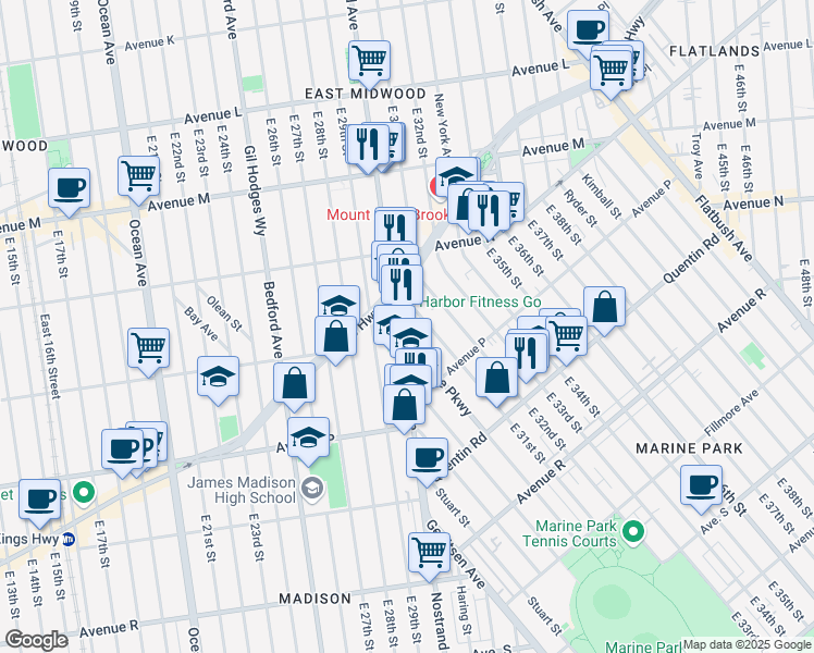 map of restaurants, bars, coffee shops, grocery stores, and more near 1509 Marine Parkway in Brooklyn