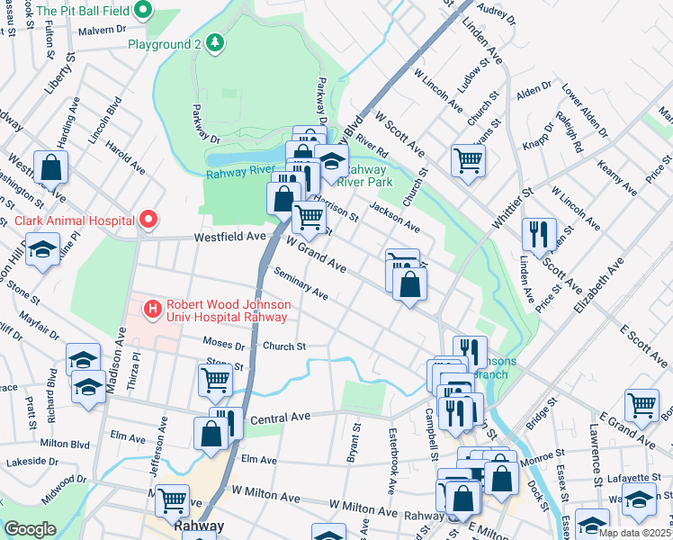 map of restaurants, bars, coffee shops, grocery stores, and more near 632 West Grand Avenue in Rahway