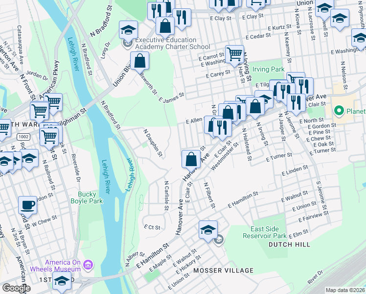 map of restaurants, bars, coffee shops, grocery stores, and more near 425 North Filbert Street in Allentown