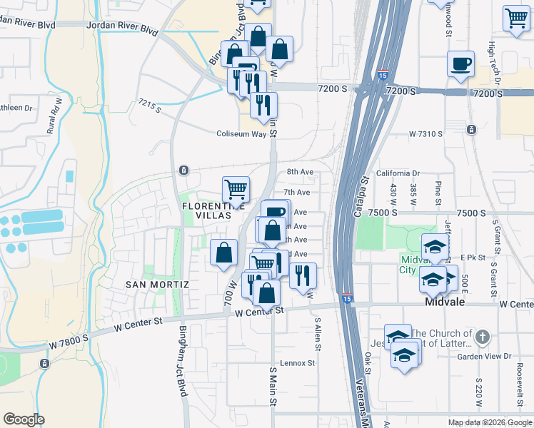 map of restaurants, bars, coffee shops, grocery stores, and more near 7505 Holden Street in Midvale