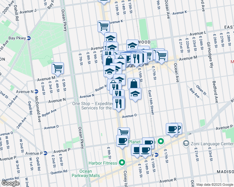 map of restaurants, bars, coffee shops, grocery stores, and more near 1722A Coney Island Avenue in Brooklyn