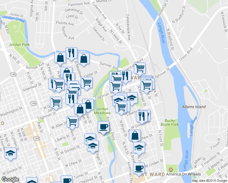 map of restaurants, bars, coffee shops, grocery stores, and more near 202 Tilghman Street in Allentown