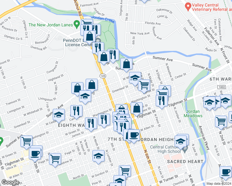 map of restaurants, bars, coffee shops, grocery stores, and more near 631 Greenleaf Street in Allentown