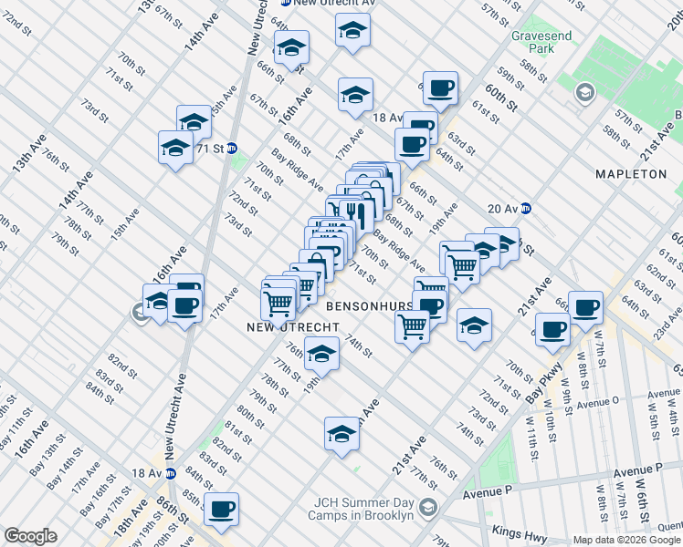 map of restaurants, bars, coffee shops, grocery stores, and more near 7101 18th Avenue in Brooklyn