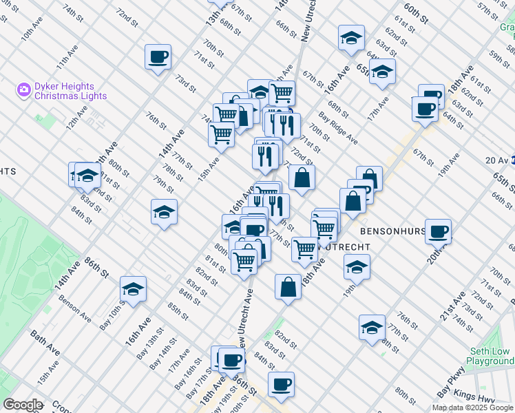 map of restaurants, bars, coffee shops, grocery stores, and more near 1630 76th Street in Brooklyn