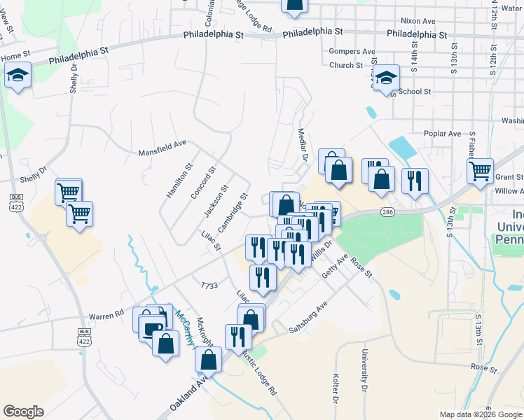 map of restaurants, bars, coffee shops, grocery stores, and more near 1750 Wilson Avenue in Indiana