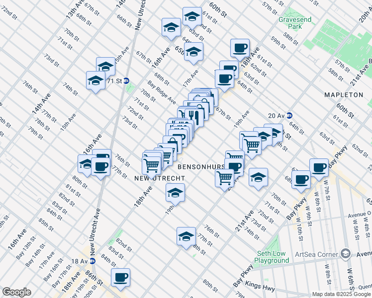 map of restaurants, bars, coffee shops, grocery stores, and more near 7101 18th Avenue in Brooklyn