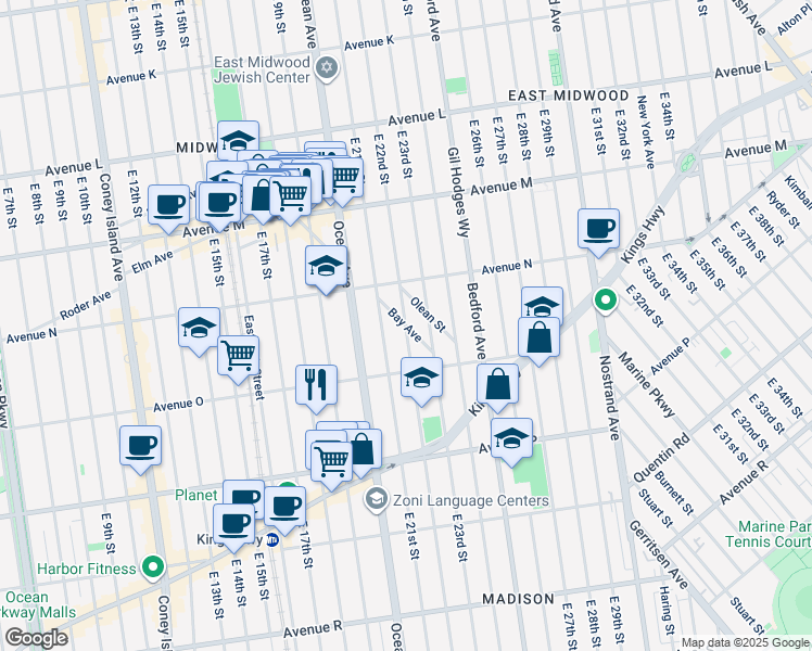 map of restaurants, bars, coffee shops, grocery stores, and more near East 22nd Street in Brooklyn