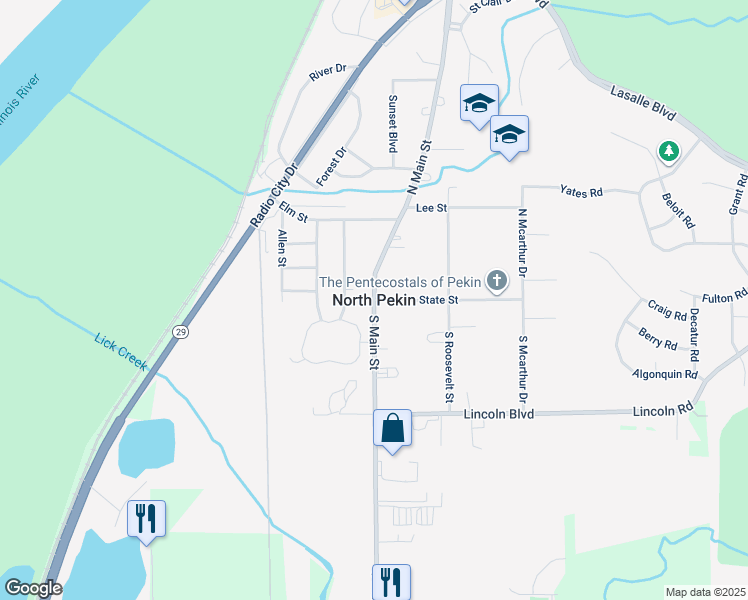 map of restaurants, bars, coffee shops, grocery stores, and more near in North Pekin