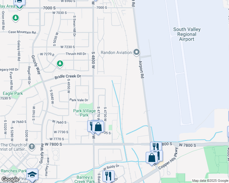 map of restaurants, bars, coffee shops, grocery stores, and more near 7493 Lace Wood Drive in West Jordan