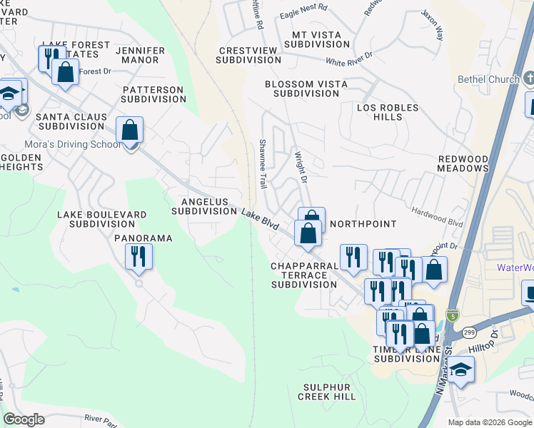 map of restaurants, bars, coffee shops, grocery stores, and more near 844 Shawnee Trail in Redding