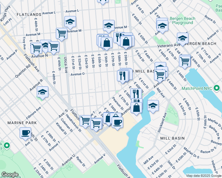map of restaurants, bars, coffee shops, grocery stores, and more near 1537 East 57th Street in Brooklyn