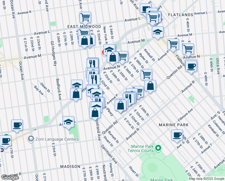map of restaurants, bars, coffee shops, grocery stores, and more near 1535 East 32nd Street in Brooklyn